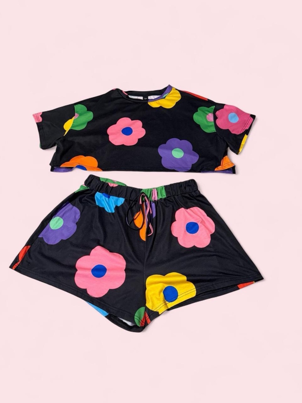 SHEIN Black Floral Two-Piece Crop Top & Shorts Set